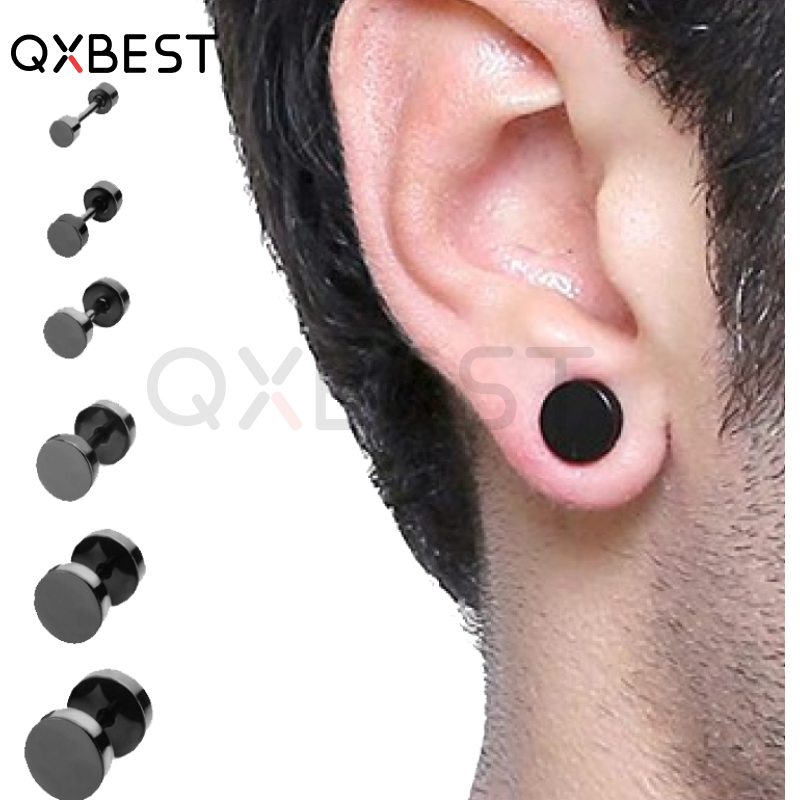 ต่างหู ตุ้มหู จิว ต่างหูผู้ชาย Black Gothic Barbell Earring Fashion Round Plain Men Stud Earring Jewelry - 1 ข้าง