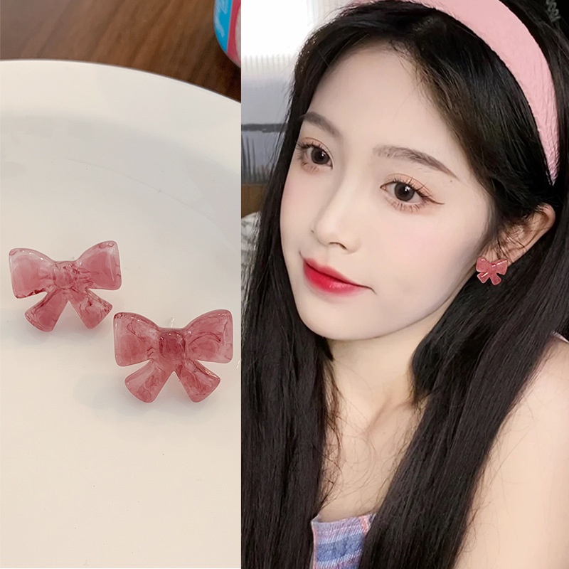 ต่างหู ประดับโบว์น่ารัก สีชมพู แบบเรียบง่าย สไตล์ญี่ปุ่น และเกาหลี