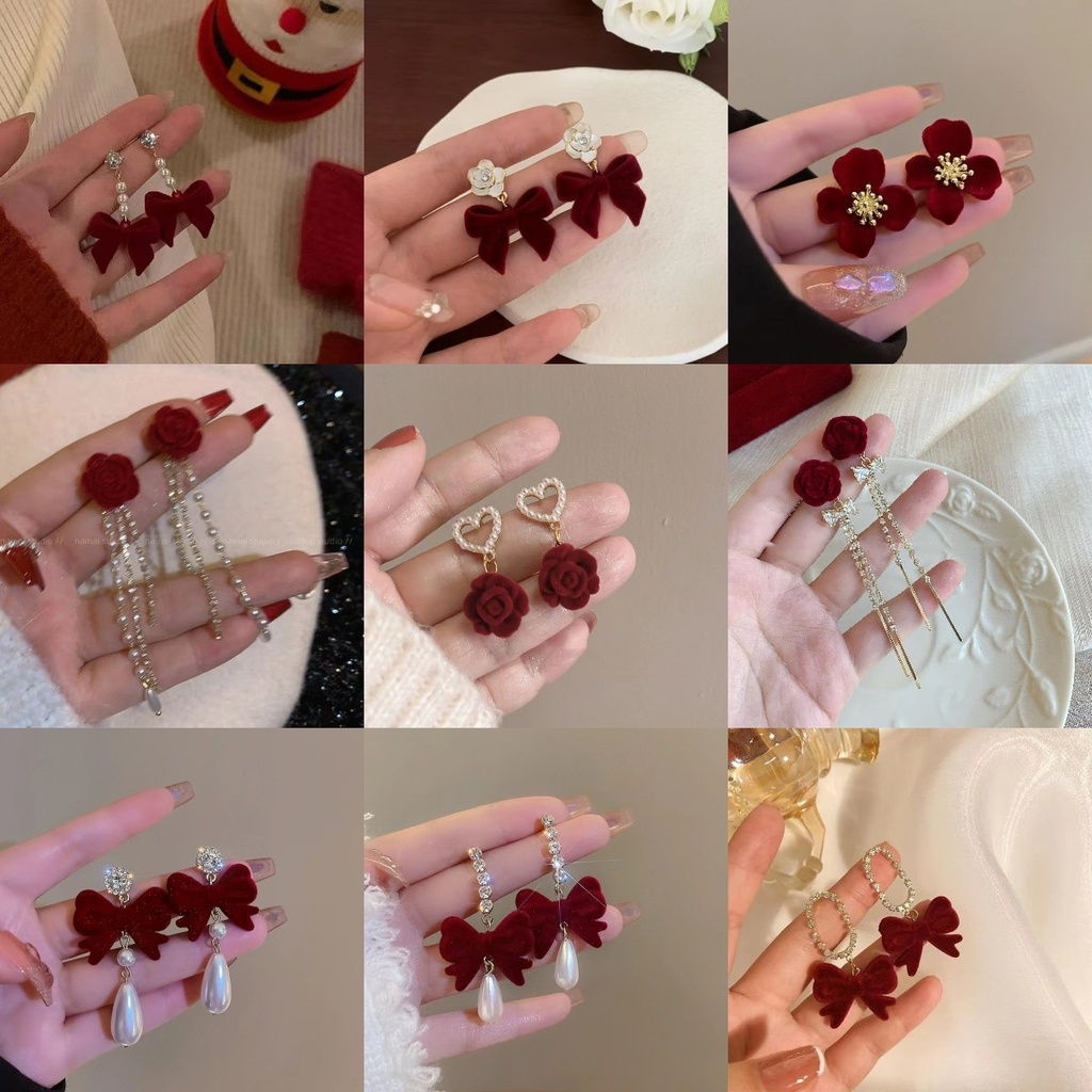 ต่างหู ผ้ากํามะหยี่ ประดับโบว์ สีแดง แฟชั่นฤดูใบไม้ร่วง สําหรับเด็กผู้หญิง