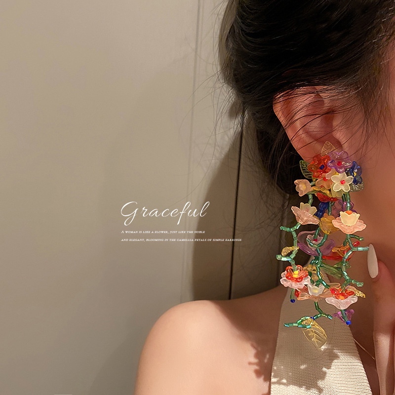 ต่างหูพู่ ลายดอกไม้ สไตล์แฟรี่ แฮนด์เมด สําหรับผู้หญิง