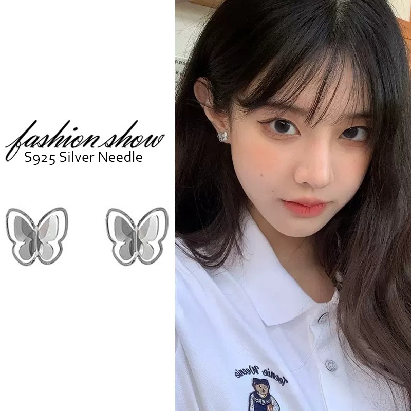 ต่างหูสตั๊ด เข็มเงิน S925 จี้รูปผีเสื้อ เครื่องประดับแฟชั่น สําหรับผู้หญิง