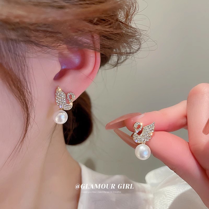 ต่างหูเงิน เกรด s925 รูปหงส์ ประดับไข่มุก ขนาดเล็ก เข้ากับทุกการแต่งกาย แฟชั่นสไตล์เกาหลี
