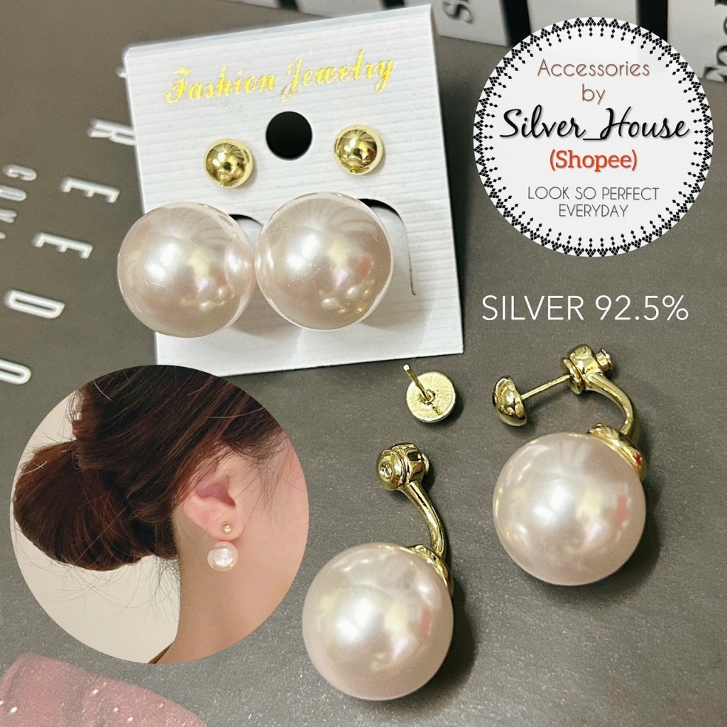 ต่างหูเงินแท้ 92.5% Front&Back ห้อยมุก16mm. ชุบสีทอง สวยหรูมากค่ะ
