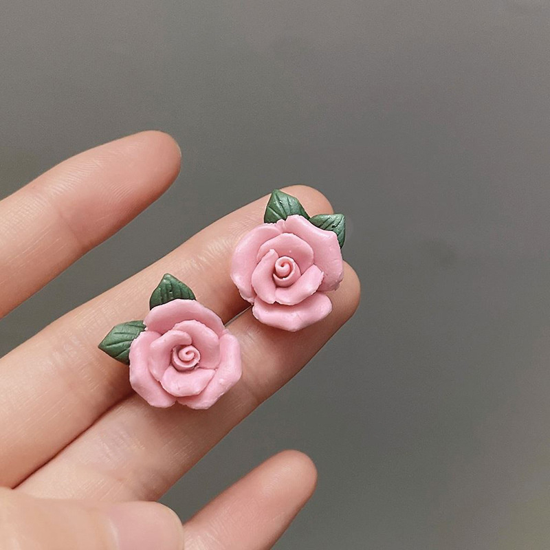 ต่างหูแฟชั่น แฮนด์เมด รูปดอกกุหลาบ สีชมพู S925 สําหรับผู้หญิง