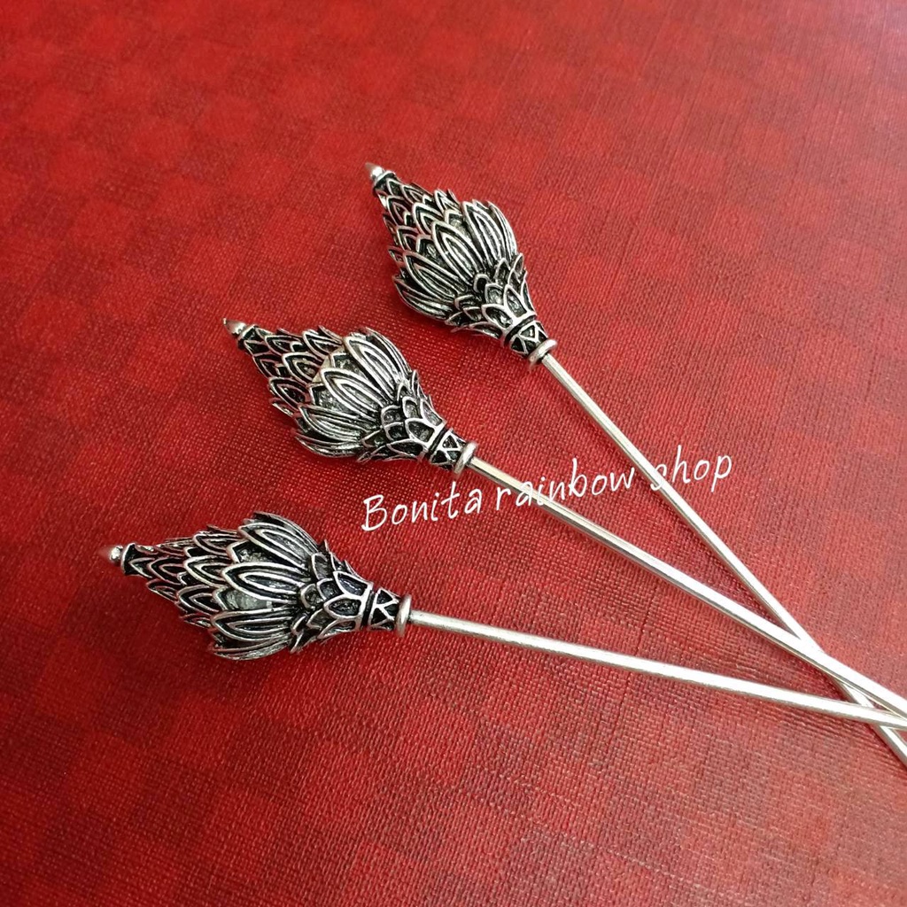 ปิ่นปักผมไทย เครื่องประดับผม ลายดอกบัวสีเงินรมดำ 005