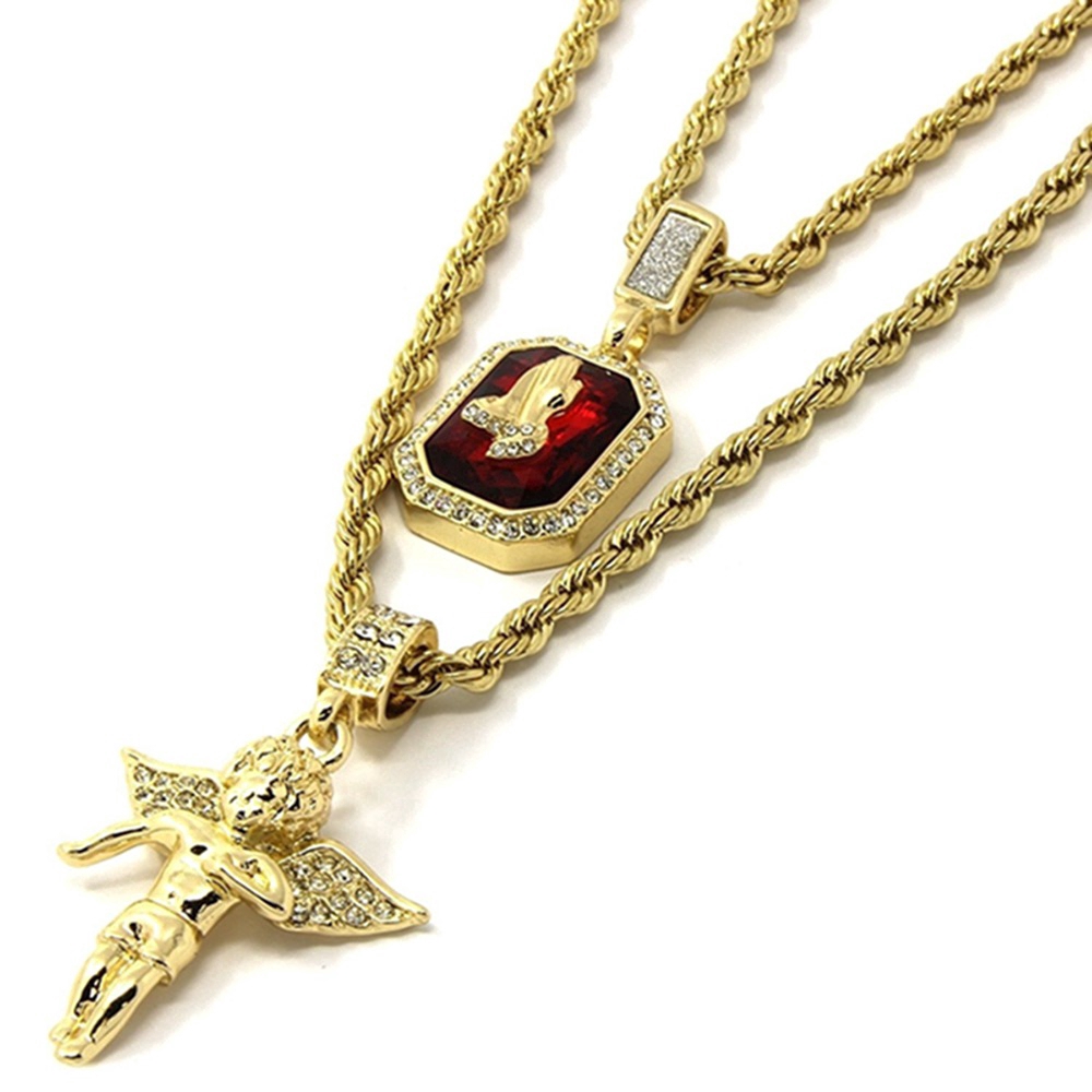 ผู้ชาย Golden Angel Ruby Pendant สร้อยคอยาวฮิปฮอป