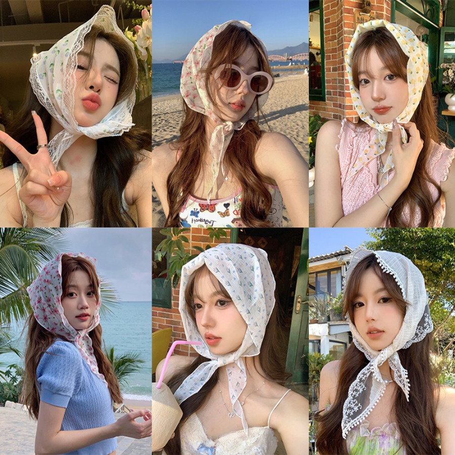 ผ้าโพกหัว ทรงสามเหลี่ยม ประดับลูกไม้ ลายดอกไม้ เหมาะกับเดินชายหาด สําหรับผู้หญิง