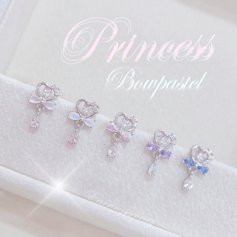 พร้อมส่ง    Bow pastel (2B) ต่างหูเงินแท้92.5%      ไม่ใช่หลักสิบ !  เจ้าหญิง ต่างหู ต่างหูหัวใจ เพชร จิวต่างหู