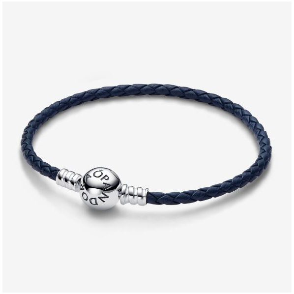 [พร้อมส่ง สินค้าแท้  ] New collection Pandora Moments Round Clasp Blue Braided Leather Bracelet