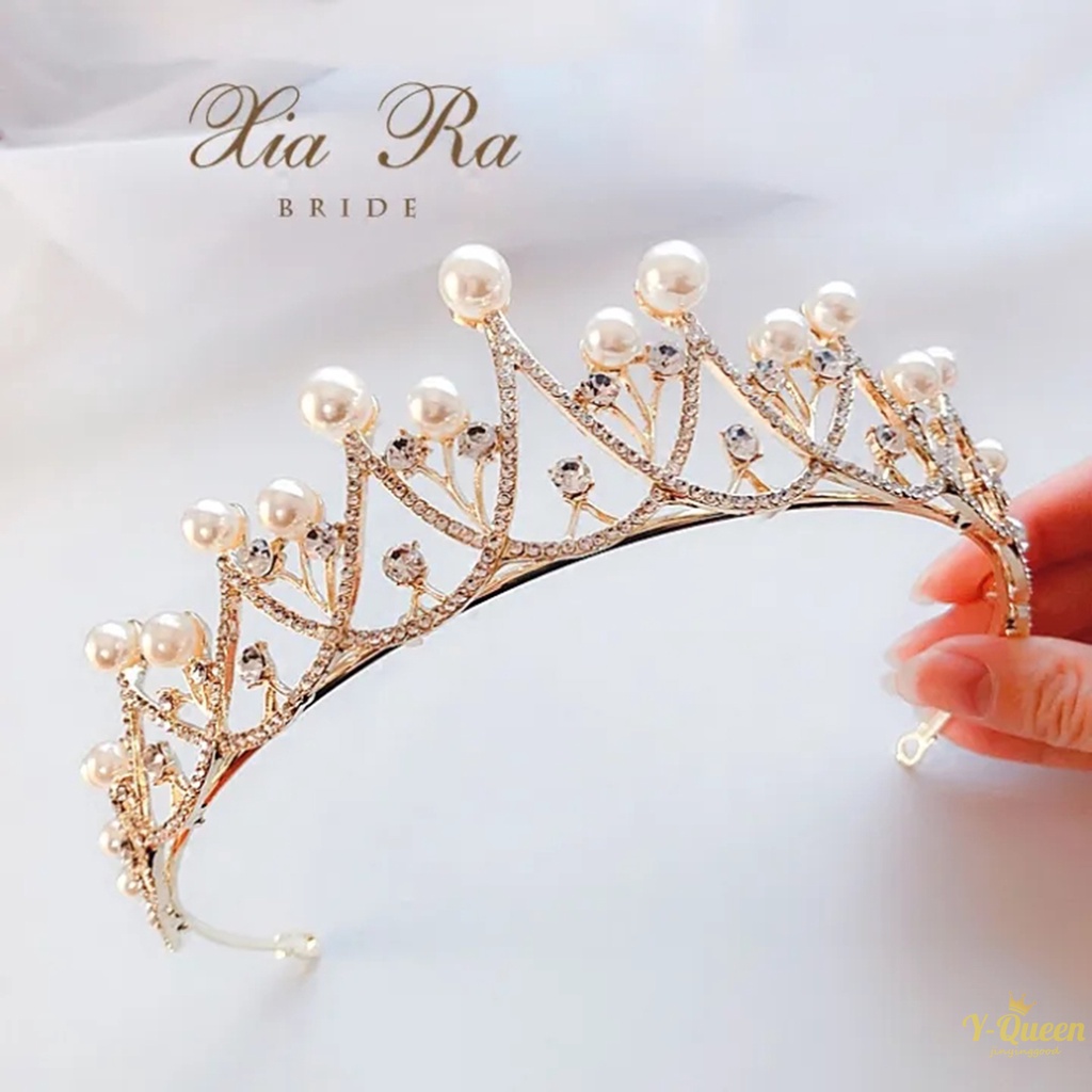 มงกุฎเจ้าหญิง ผู้ใหญ่ มงกุฎ มุก พลอยเทียม ที่คาดผม ประกาย ที่มีสีสัน พลอยเทียม โลหะ ผ้า