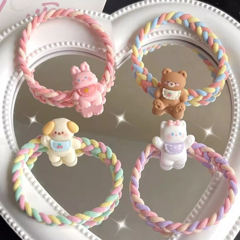 ยางรัดผม แบบถัก ลายการ์ตูนสัตว์น่ารัก สีสันสดใส สําหรับเด็กผู้หญิง