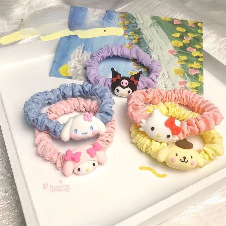 ยางรัดผม แบบนิ่ม ลายการ์ตูน Sanrio Cinnamon Dog Mymelody Purin Kuromi แบบเรียบง่าย สําหรับเด็กผู้หญิง