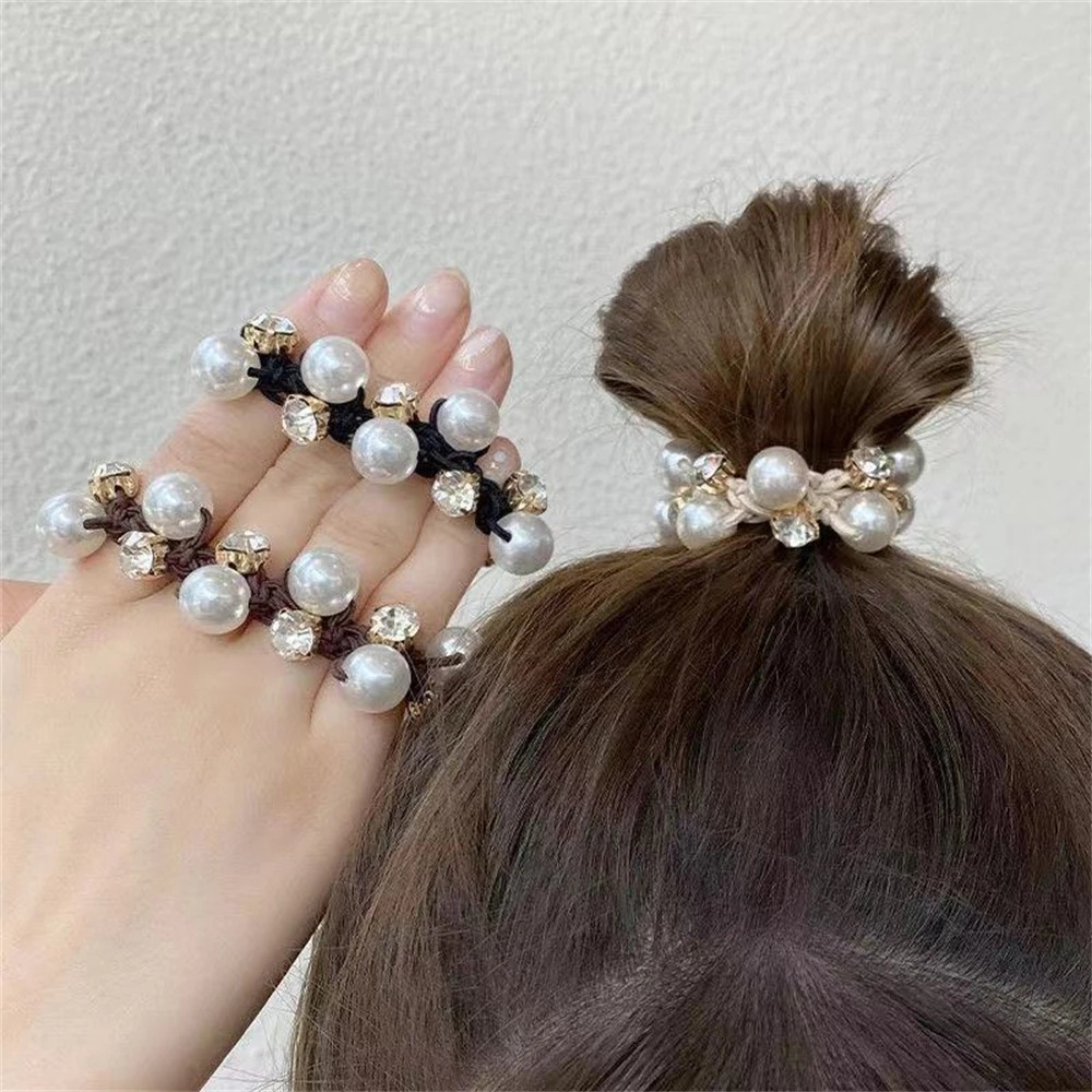 ยางรัดผมหางม้า ประดับไข่มุก พลอยเทียม หรูหรา แฟชั่นสําหรับผู้หญิง