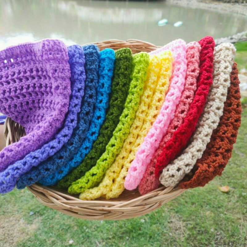 (ราคาส่ง)  ผ้าโพกผมถักไหมพรมสามเหลี่ยมHandmand 100% สุดฮิต