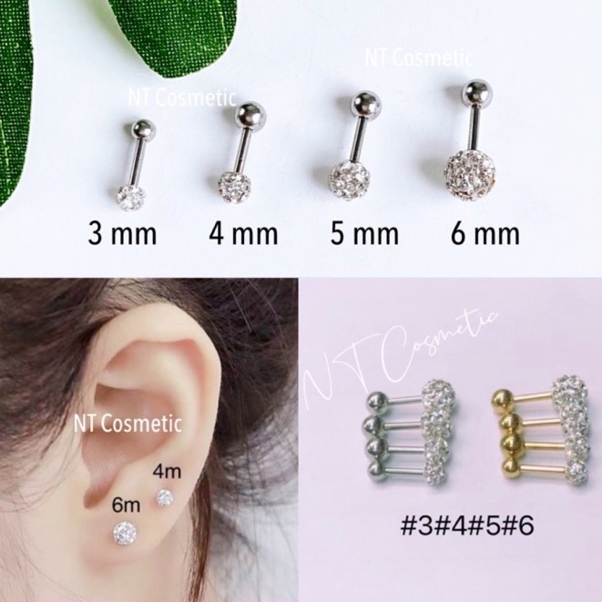 ร้านไทย   ( SL01) (1 ข้าง ) ต่างหู จิวหู ดัมเบลกลมประดับเพชร จิวดัมเบล จิวสแตนเลส จิวหูแฟชั่น