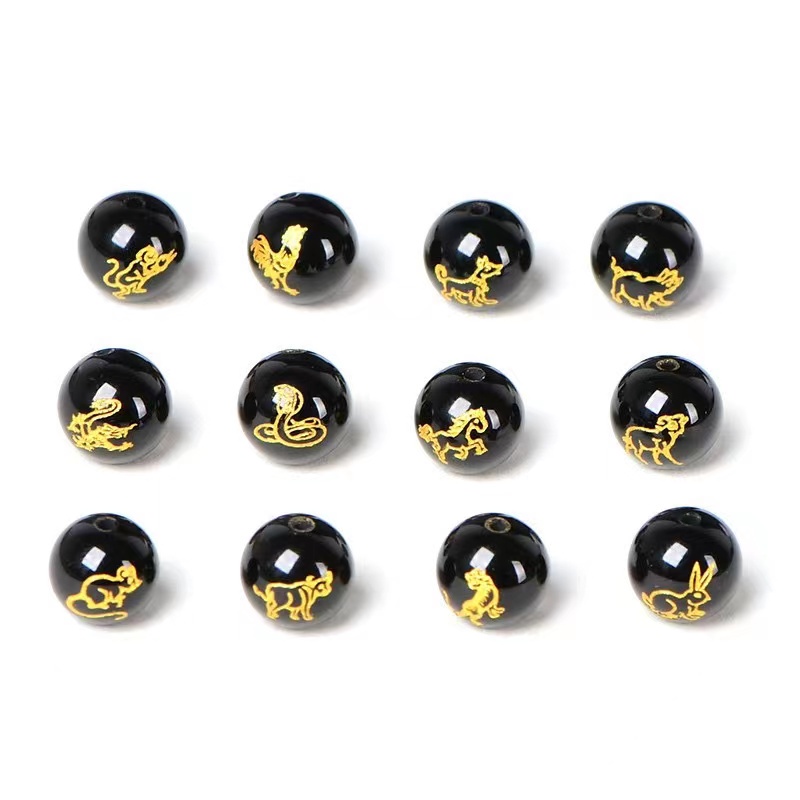 ลูกปัดคริสตัลควอตซ์ หินอาเกตธรรมชาติ สีดํา 12 ราศี 4A DIY