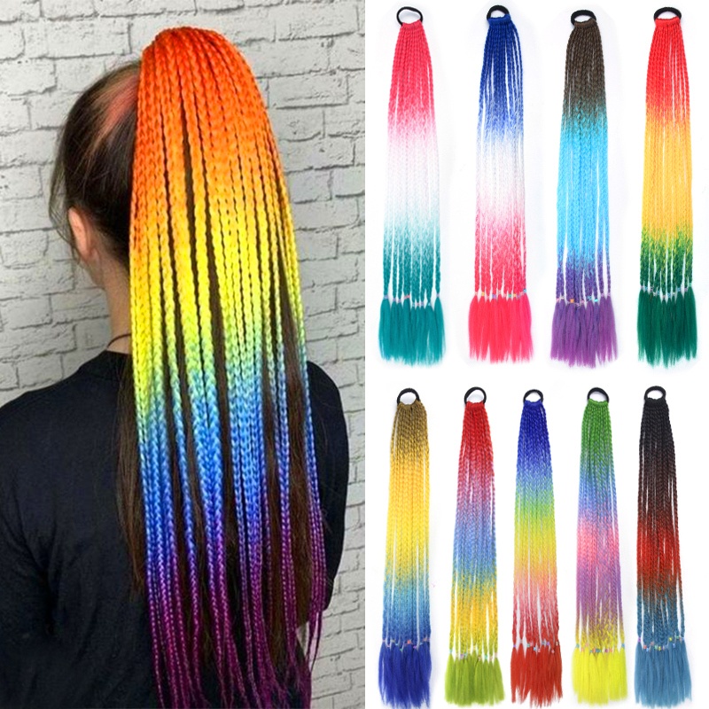 วิกผมหางม้าถัก พร้อมยางรัดผม แบบยืดหยุ่น สีรุ้ง สําหรับเด็กผู้หญิง ขนาด 24 นิ้ว