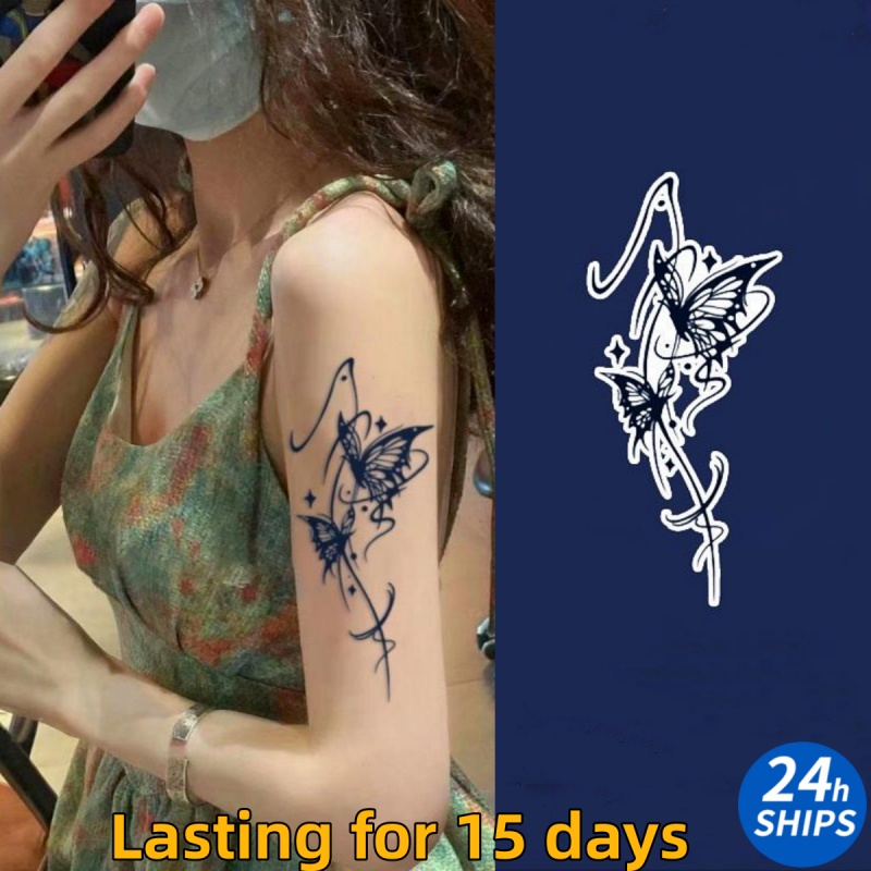 สติกเกอร์รอยสักชั่วคราว ลายผีเสื้อ สีดํา กันน้ํา ติดทนนาน 15 วัน