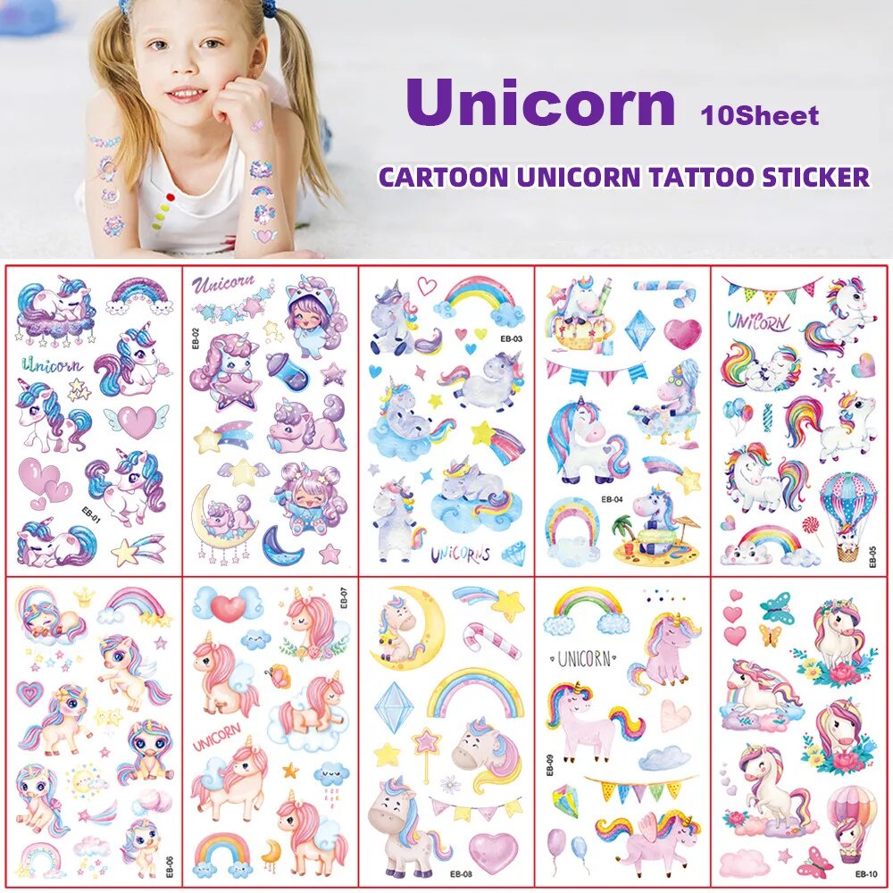 สติกเกอร์รอยสักชั่วคราว ลายยูนิคอร์น เจ้าหญิง สําหรับเด็ก 10 ชิ้น ต่อชุด