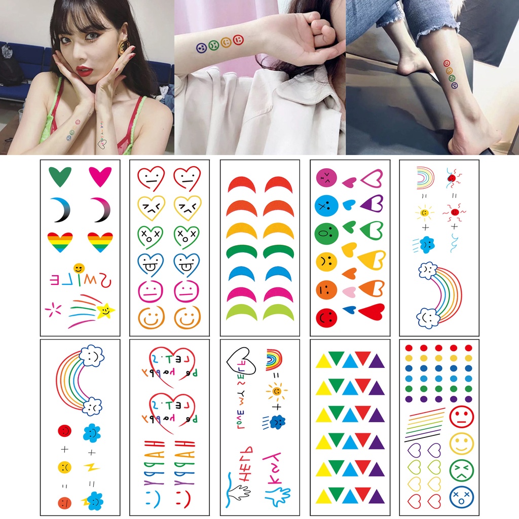 สติกเกอร์รอยสักชั่วคราว ลายหน้ายิ้ม สีรุ้ง หลากสีสัน สําหรับตกแต่งร่างกาย