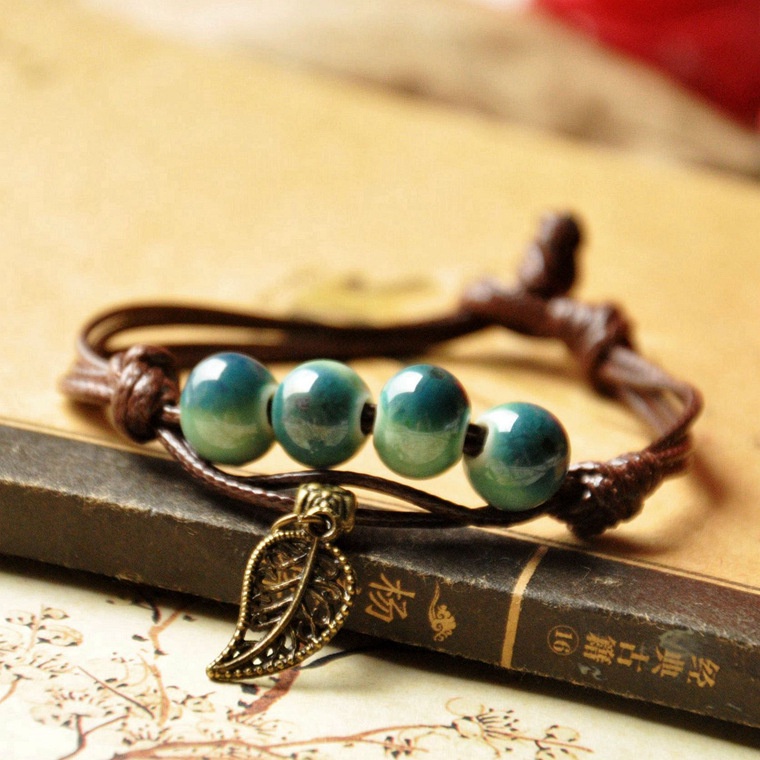 สร้อยข้อมือ เชือกถักเซรามิค ประดับลูกปัดพอร์ซเลน สีสันสดใส สไตล์ชนเผ่า สําหรับผู้หญิง