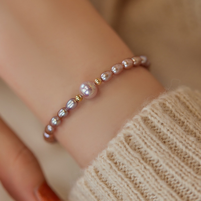 สร้อยข้อมือมุกน้ําจืดธรรมชาติ สีม่วง สร้อยข้อมืออเนกประสงค์ เรียบง่าย