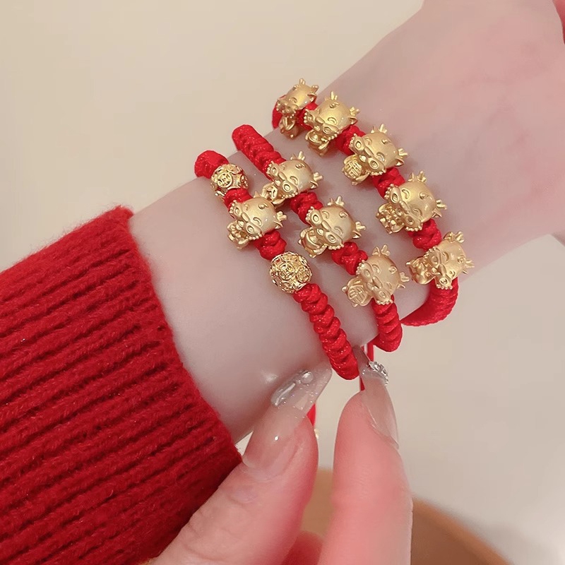สร้อยข้อมือเชือกถัก สีแดง มังกรทอง ของขวัญปีใหม่ สําหรับผู้ชาย และผู้หญิง