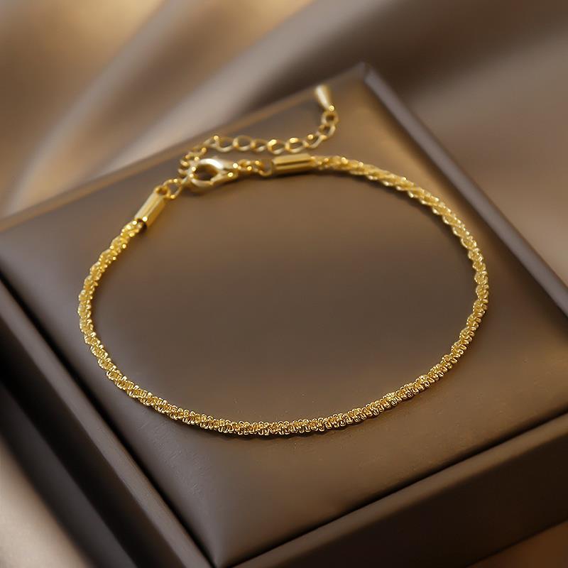 สร้อยข้อมือโซ่ทอง 18k ของผู้หญิงผู้ชายกำไลข้อมือสแตนเลสมินิมอล ไม่ลอกดำใส่อาบน้ำได้