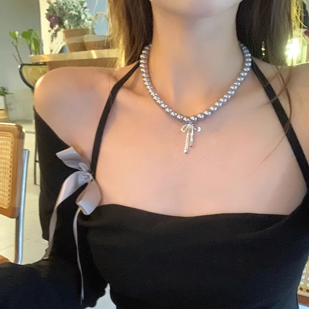 สร้อยคอ โลหะผสม ประดับโบว์ ไข่มุก สไตล์เกาหลี สําหรับผู้หญิง