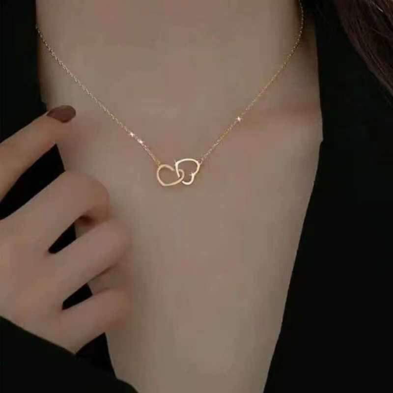 สร้อยคอแฟชั่น จี้รูปหัวใจคู่ สีทอง สีเงิน ของขวัญวันวาเลนไทน์ สําหรับแฟนสาว