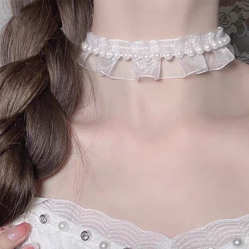สร้อยคอโชคเกอร์ ประดับไข่มุก สีขาว แต่งลูกไม้ สไตล์วินเทจ