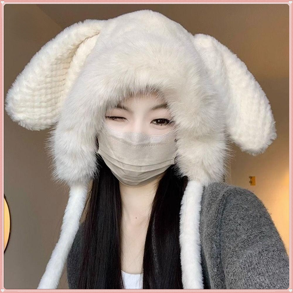หมวกบักเก็ต ผ้าวูล แต่งหูกระต่าย ขนาดใหญ่ ให้ความอบอุ่น แฟชั่นฤดูหนาว สําหรับผู้หญิง