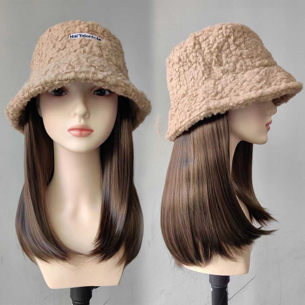 หมวกวิกผมกากี ผมยาวตรง 30cm ผมสีน้ำตาลเย็น ถอดไม่ได้ สวมใส่ง่าย