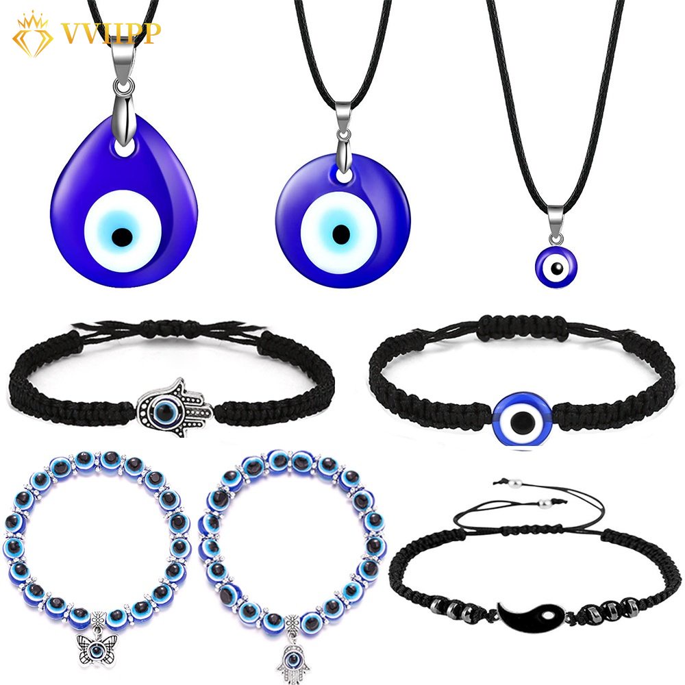 เครื่องประดับ สร้อยคอ สร้อยข้อมือเงิน จี้ตาปีศาจ สีฟ้า สไตล์วินเทจ สําหรับผู้หญิง