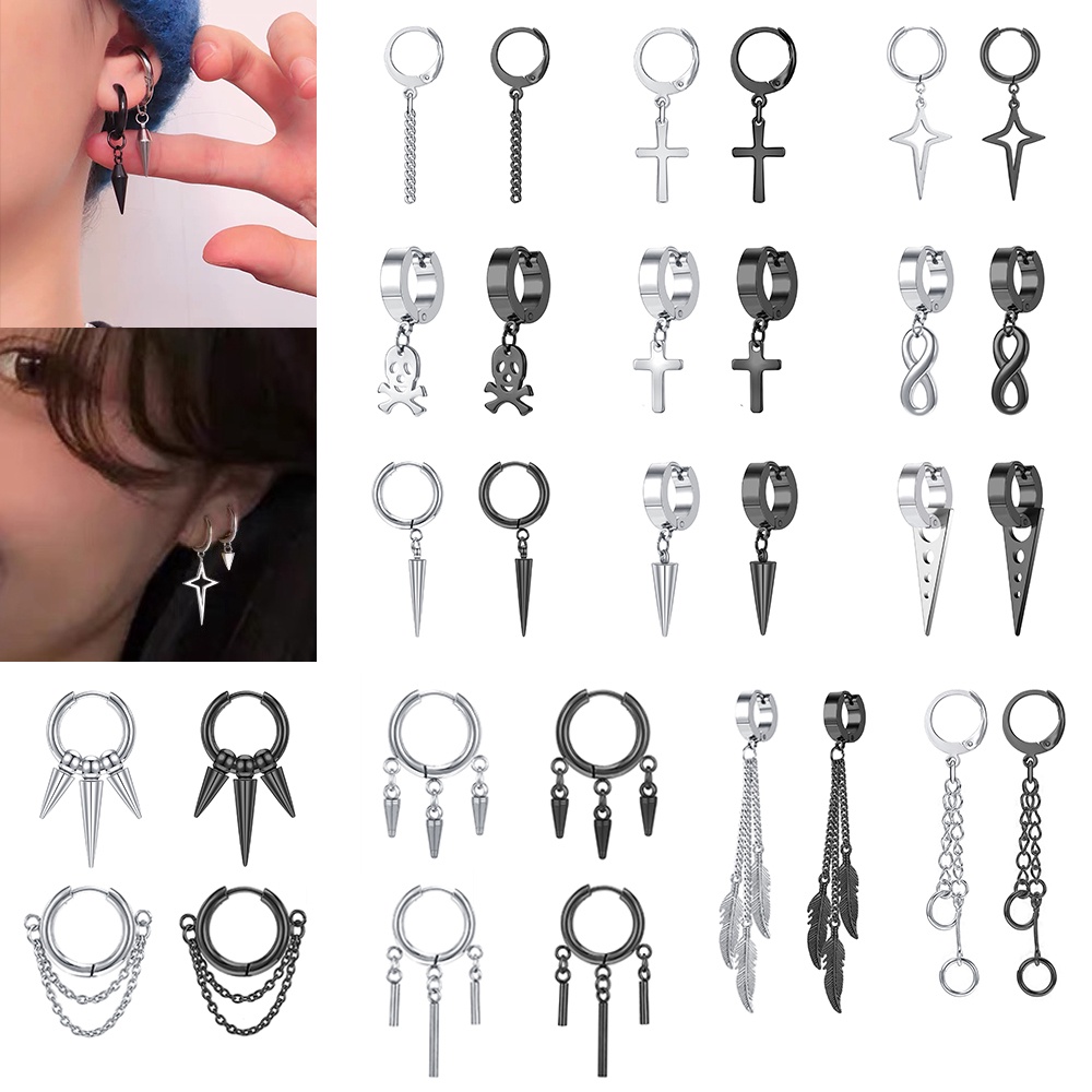 เครื่องประดับต่างหูห่วงสแตนเลสจี้รูปไม้กางเขนสไตล์เกาหลี 1 ชิ้น