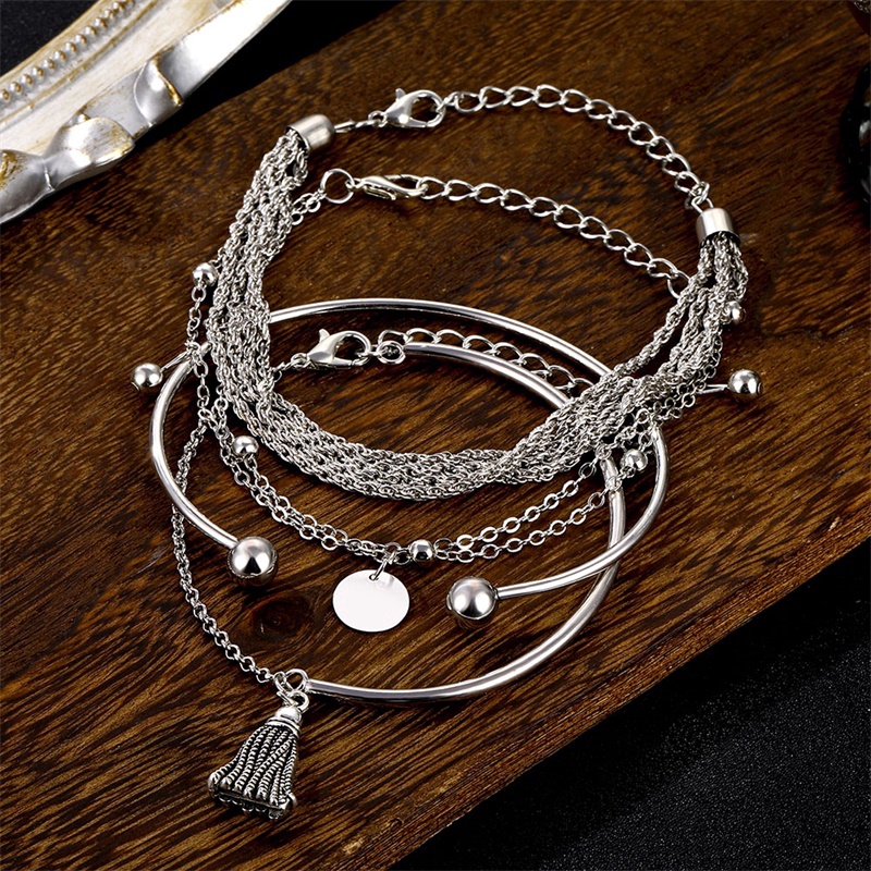 เครื่องประดับสร้อยข้อมือกําไลข้อมือโลหะสีเงินสไตล์โบฮีเมียน 4 ชิ้น/ชุด 2020