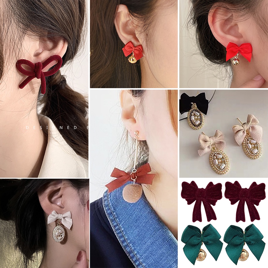 เครื่องประดับแฟชั่นต่างหูผ้ากํามะหยี่สามมิติประดับโบว์คริสต์มาส