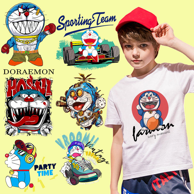 แผ่นรีดติดเสื้อยืด พิมพ์ลายการ์ตูนนักบินอวกาศ โดราเอมอน ของขวัญวันเกิด DIY