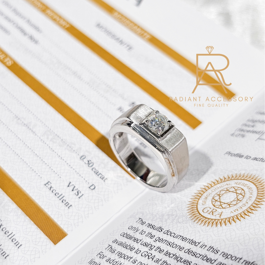 แหวนเงินแท้ ชุบทองคำขาว แหวนชาย ฝังเพชร Moissanite 0.5 กะรัต