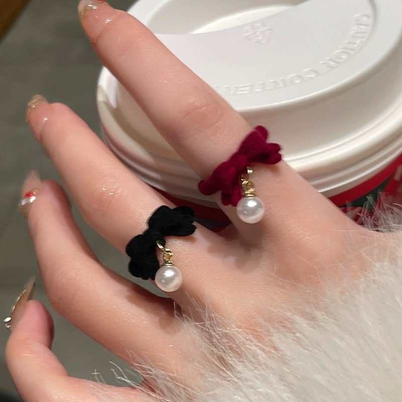 แหวนแฟชั่น ประดับโบว์ ไข่มุก สีแดง ปรับได้ สไตล์เกาหลี สําหรับผู้หญิง