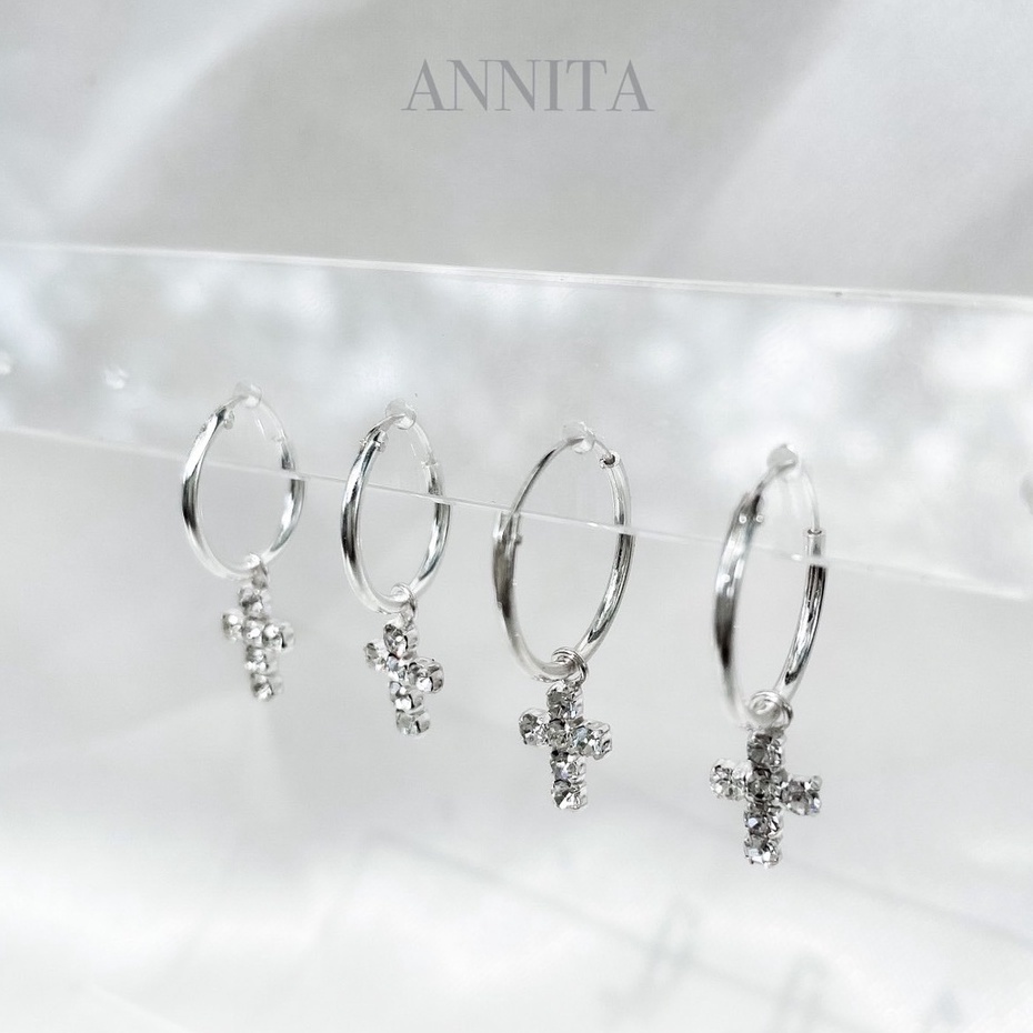 โค้ด 3F875 ลด 45.- // ต่างหูห่วงเงินแท้925 ห้อยจี้กางเขน / hoop earrings