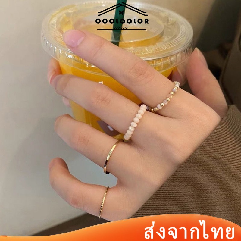 ในไทย  4 ชิ้นแหวนชุดแหวนเรซิ่นหลากสีสีทองสําหรับผู้หญิงแบบเรียบง่ายวินเทจ