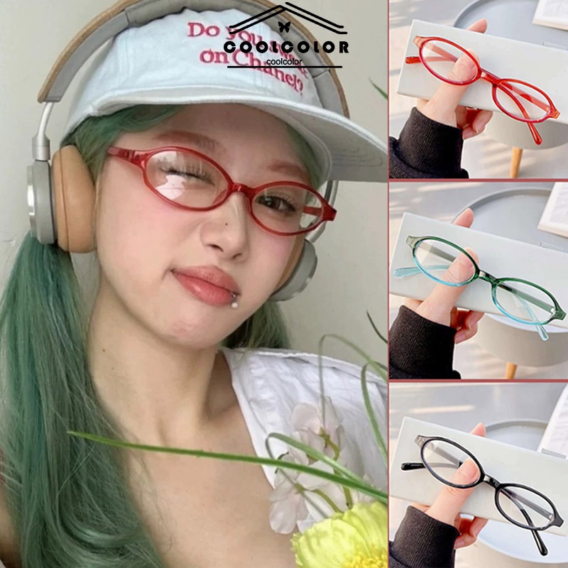 ในไทย แว่นตาเลนส์ใสทรงวงรีY2Kขนาดเล็กกรอบแคบสีแดงสีเขียวสไตล์ญี่ปุ่นสําหรับผู้หญิง.COD
