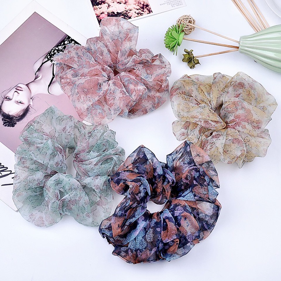 ↬ โดนัทมัดผม Floral Print ผ้าชีฟอง ลายดอกไม้ น่ารักมาก มาก