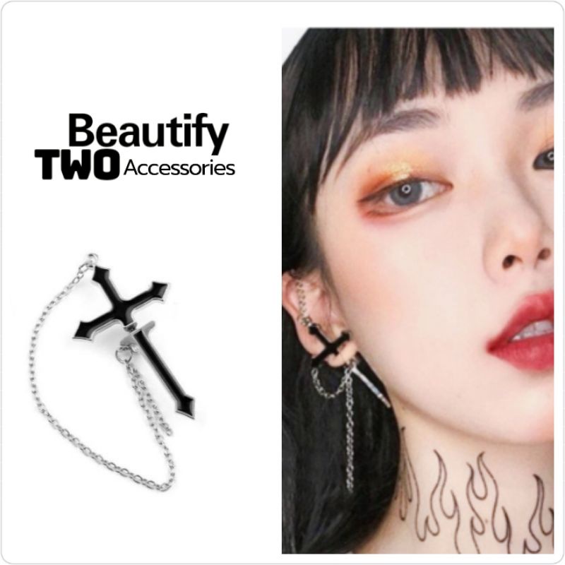 ➕ต่างหูสตั๊ดไม้กางเขนสีดำสไตล์สาวพังค์สวยดุดูดาร์คมาก