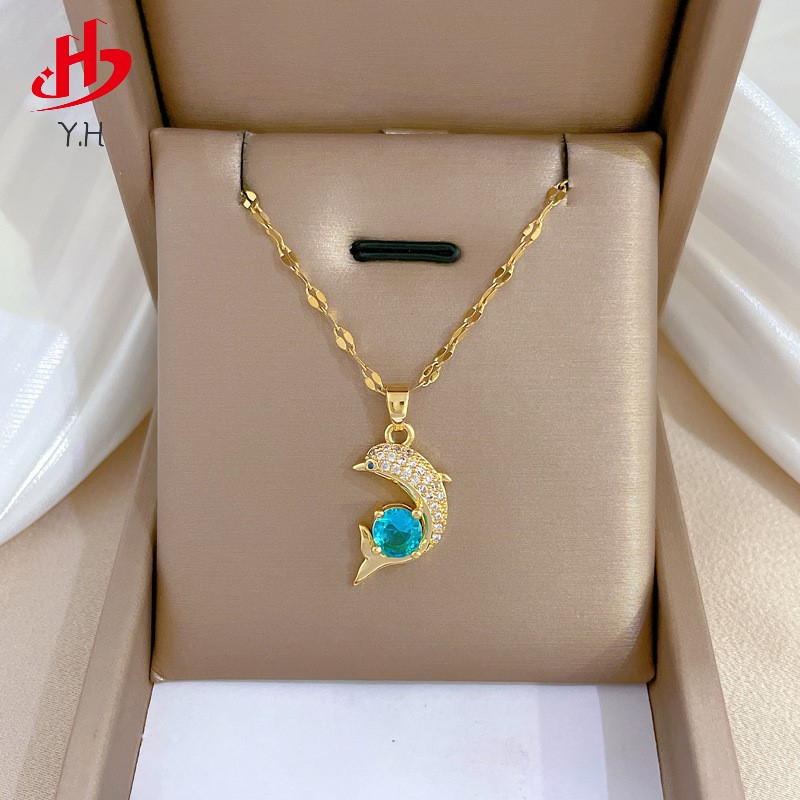 ⭐Y.H⭐ ปลาโลมาเพชร สีทอง 18K สร้อยคอสแตนเลส จี้ทองแดง