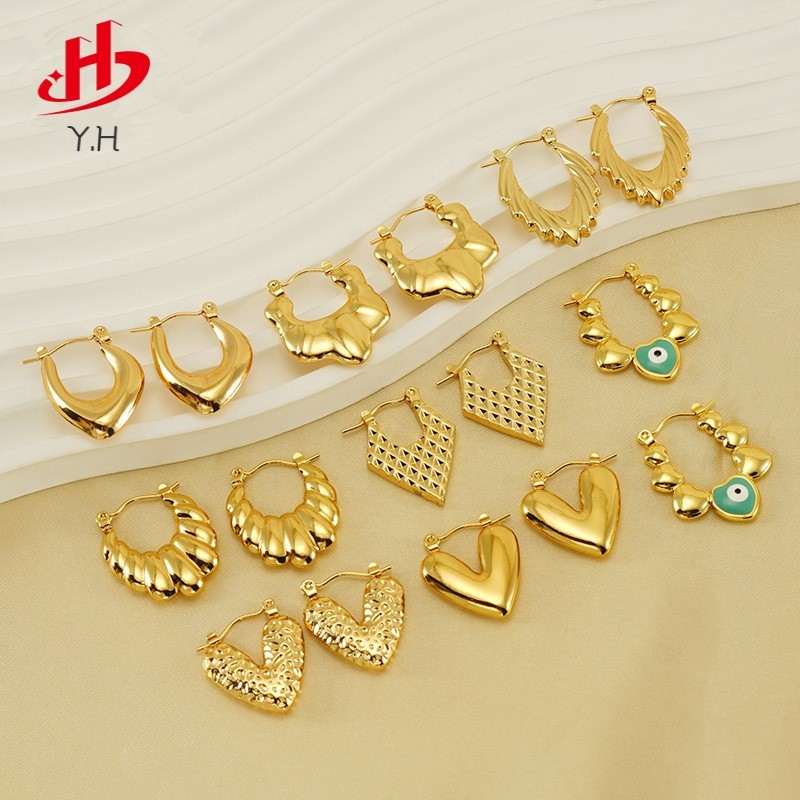 ⭐Y,H⭐ 316L ตาสีเขียว สไตล์ยุโรป ละเอียดอ่อน สีทอง 18 K ต่างหูสแตนเลส
