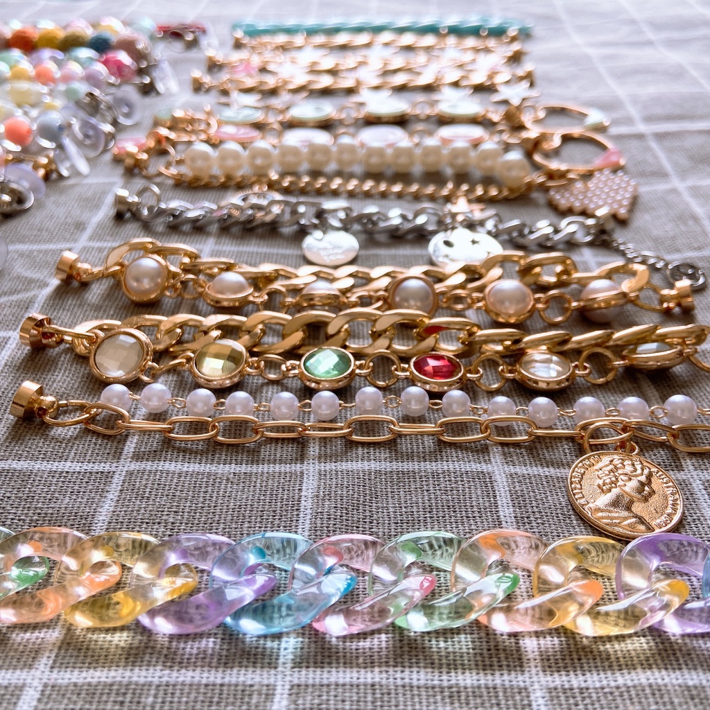 【 Ooyoudo】ใหม่ สายโซ่โลหะ ประดับไข่มุก และเพชร สําหรับตกแต่ง croc DIY【แตะผู้หญิง jibitz อุปกรณ์เสริม】