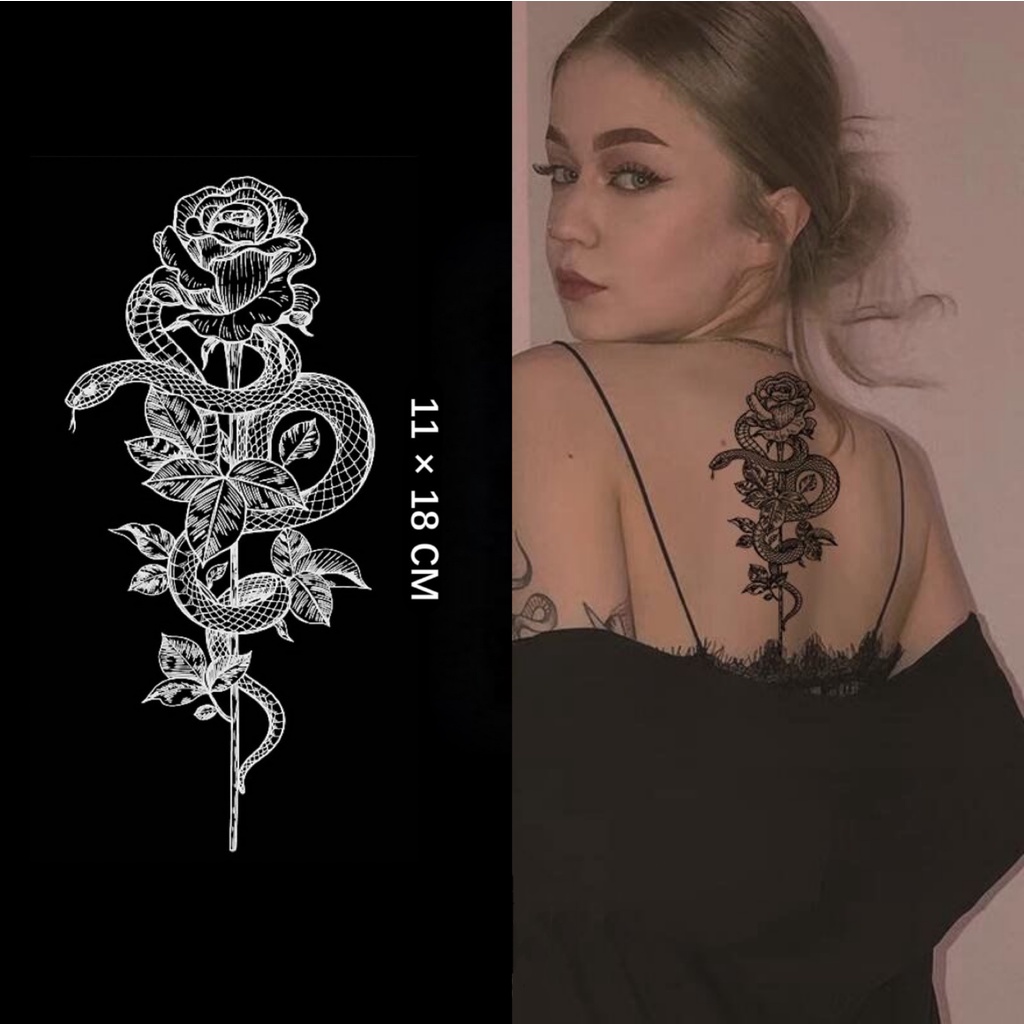 【Mars Tattoo Shop】ใหม่ สติกเกอร์รอยสักชั่วคราว ลายงู ดอกไม้ กึ่งถาวร 2 สัปดาห์ ติดทนนาน D032