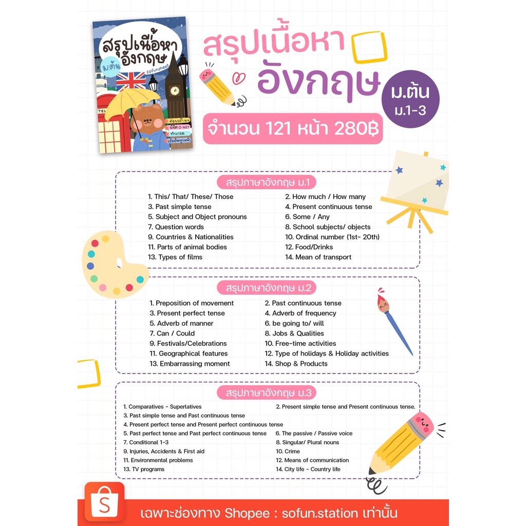 ชีทสรุปภาษาอังกฤษ ม.ต้น(ม.1-3) Byพี่จุฬา ✏️มีแบบฝึกหัดในเล่ม(ดูเนื้อหา&ลองอ่านก่อนสั่ง) ขนาด A5